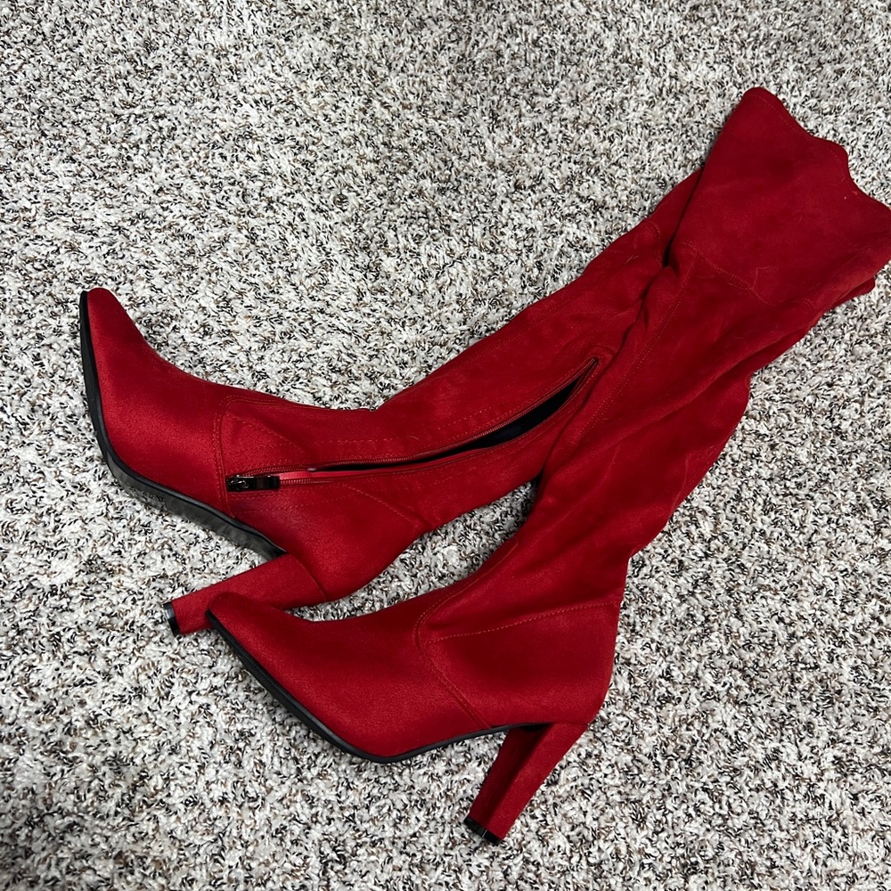 Shoe'N Tale Women Stretch Suede Chunky Heel Thigh High Over The Knee Boots